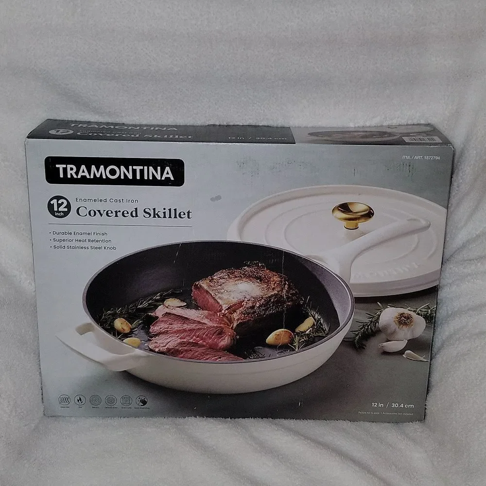 Tramontina 12 Inch Enameled Cast Iron Skillet & Covered Lid • White / Gold • New